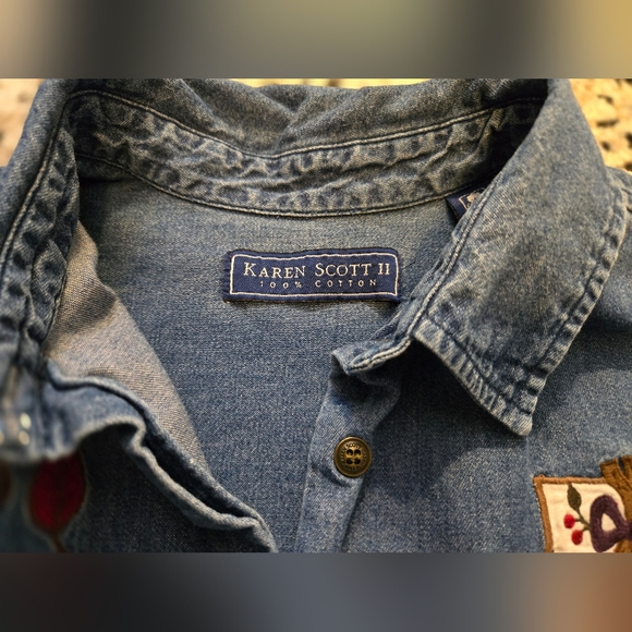 Karen Scott. Holiday, Vintage Embroidered denim button up top. Size 2xl. - Picture 3 of 12